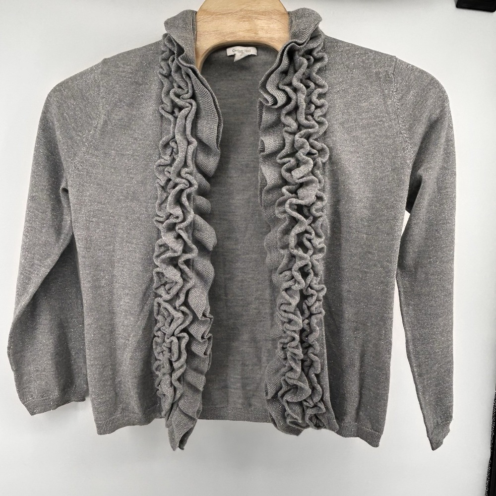 Garnet Hill Silver‎ Metallic Merino Wool Blend Ruffled Open Cardigan Womens M